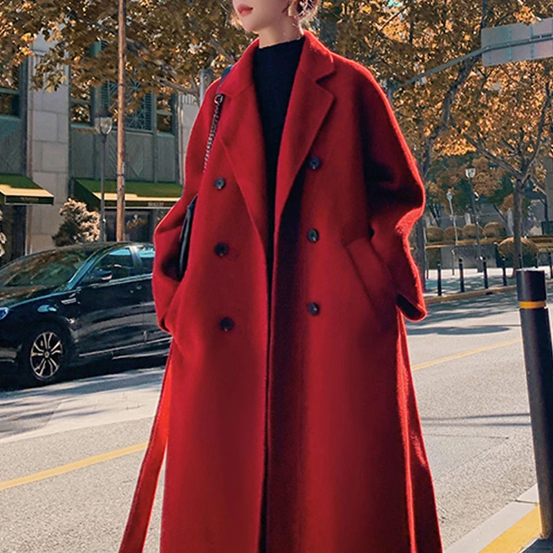 安哥拉羊绒质感红色毛呢外套大码胖MM200斤宽松加厚春秋呢子大衣