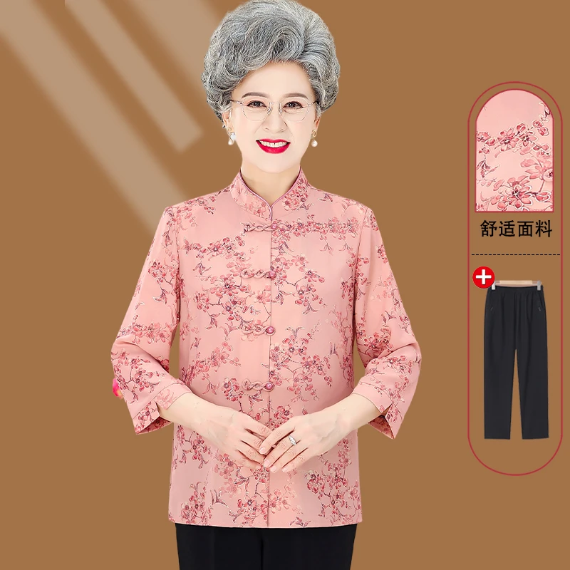 中老年女装妈妈春装七分袖衬衫老人奶奶春季洋气上衣时尚印花衬衣