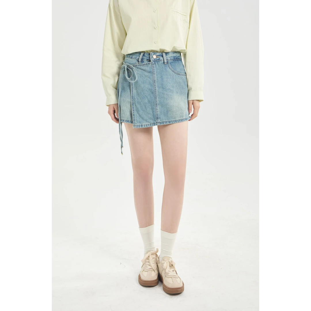牛仔短裤女2024夏季新款高腰a字裙辣妹不规则绑带裙裤