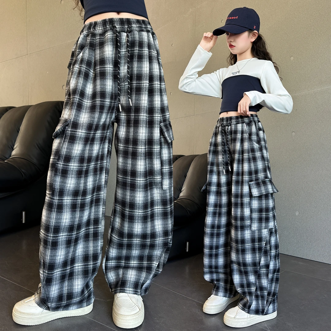 女童裤子春秋款大童潮款时尚格子休闲裤初中生洋气韩版宽松阔腿裤