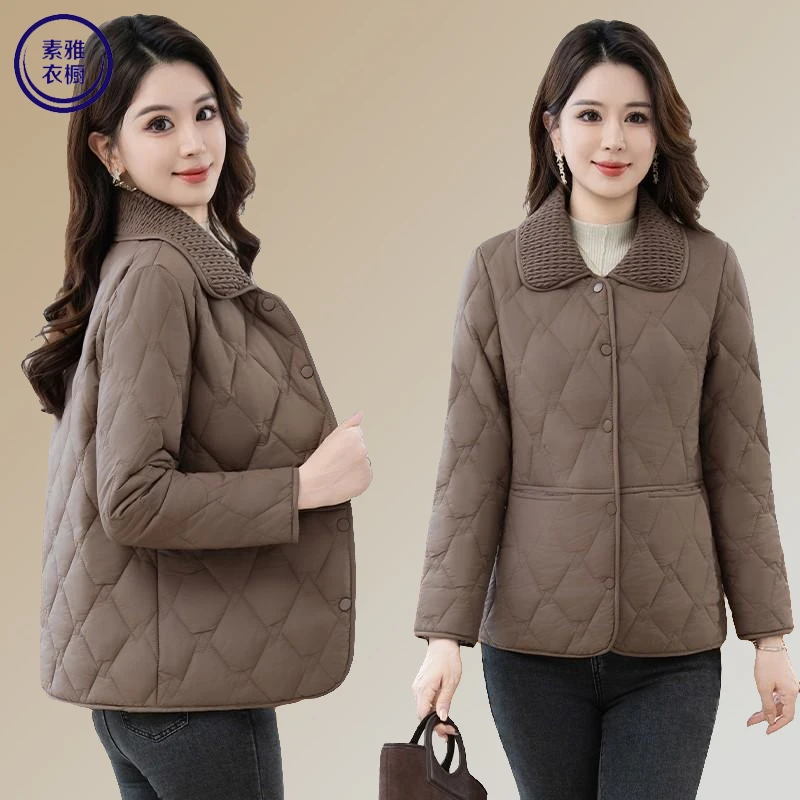 纯色翻领中年棉衣百搭棉服外套女秋季新款妈妈女士轻薄小棉袄短款