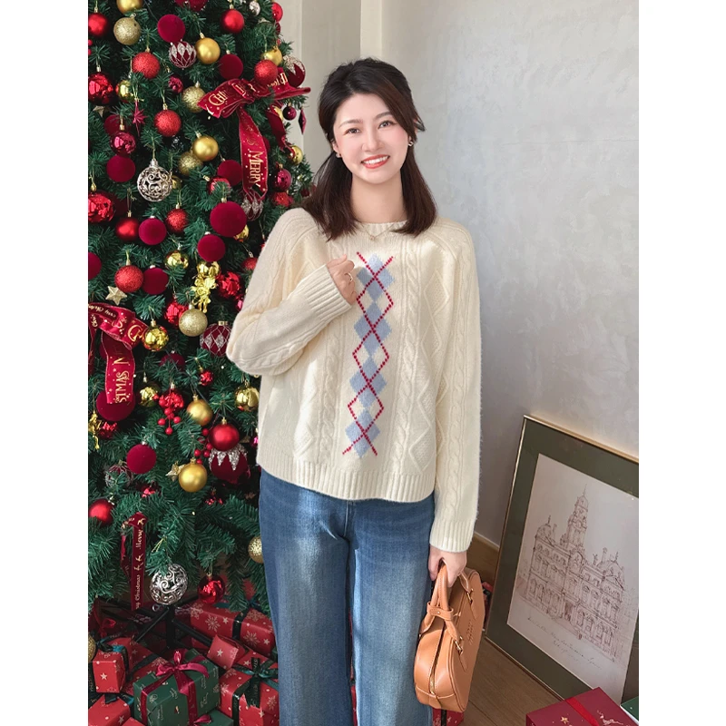 紫璐莱定格时光~韩系复古慵懒风菱格麻花荃羊毛针织衫上衣女冬69X