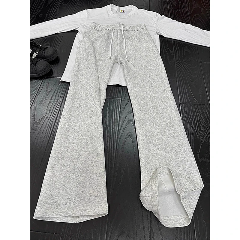 浅灰色斜切弯刀卫裤男款秋季美式vibe风微喇运动裤子重磅休闲长裤