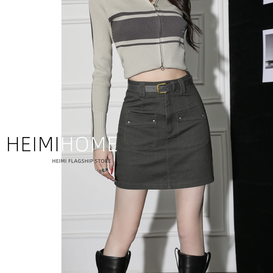 复古灰色多口袋工装裙女春秋季小个子a字短裙高腰显瘦包臀半身裙