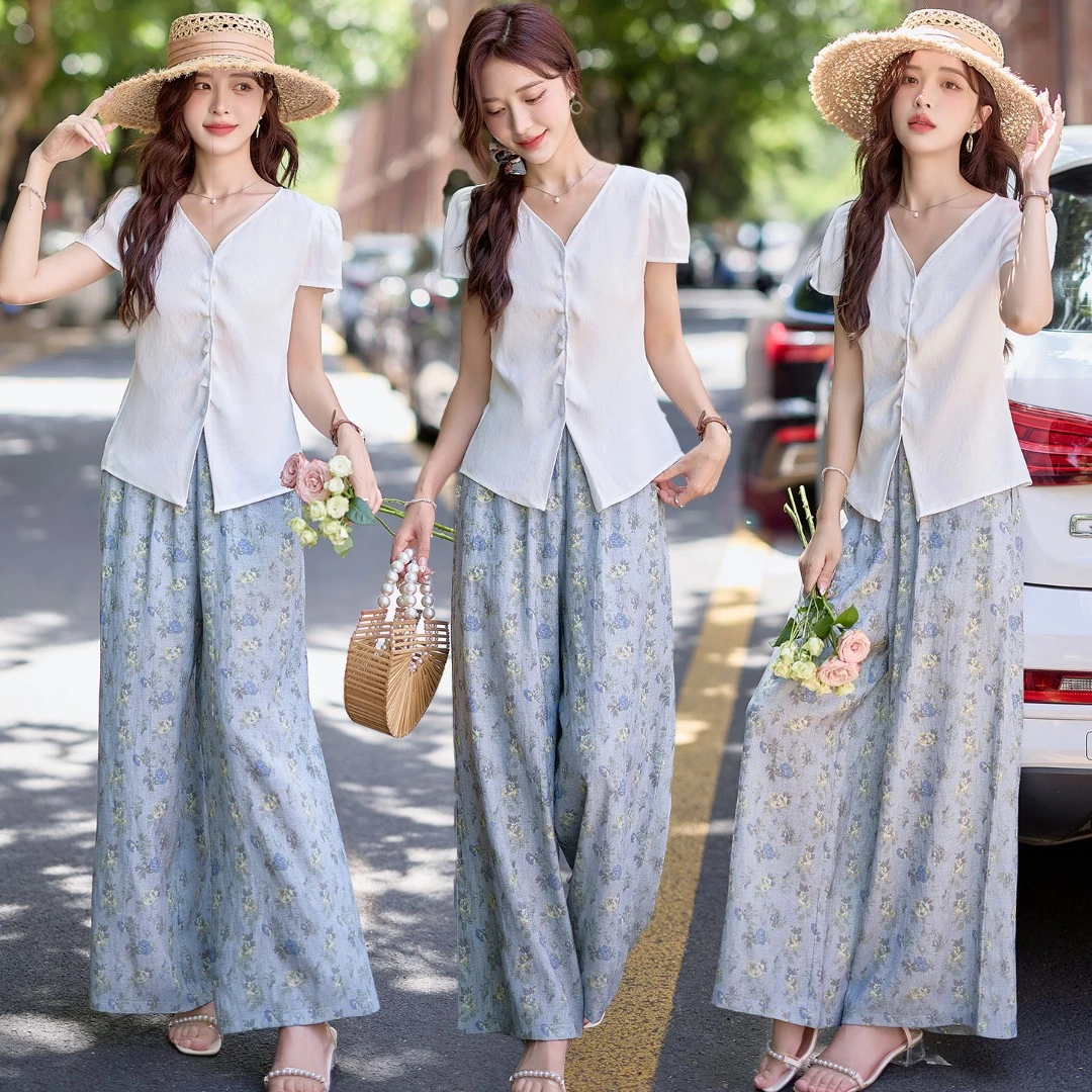 设计感休闲套装女2025夏季新款褶皱V领短袖衬衫碎花宽松阔腿长裤