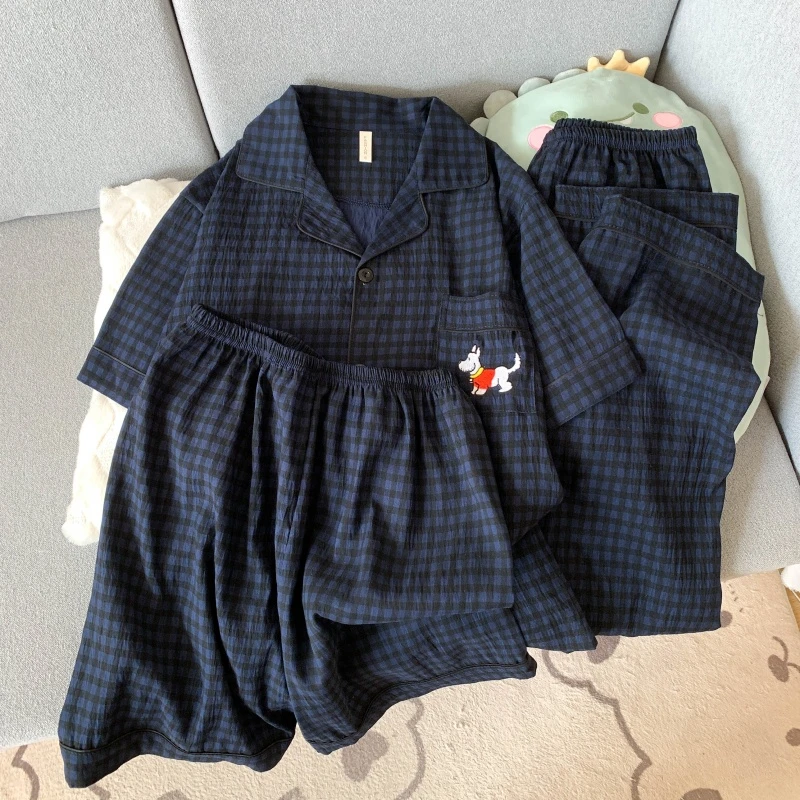 情侣款高级夏季新款睡衣男短袖三件套格子腊肠狗宽松大码家居服