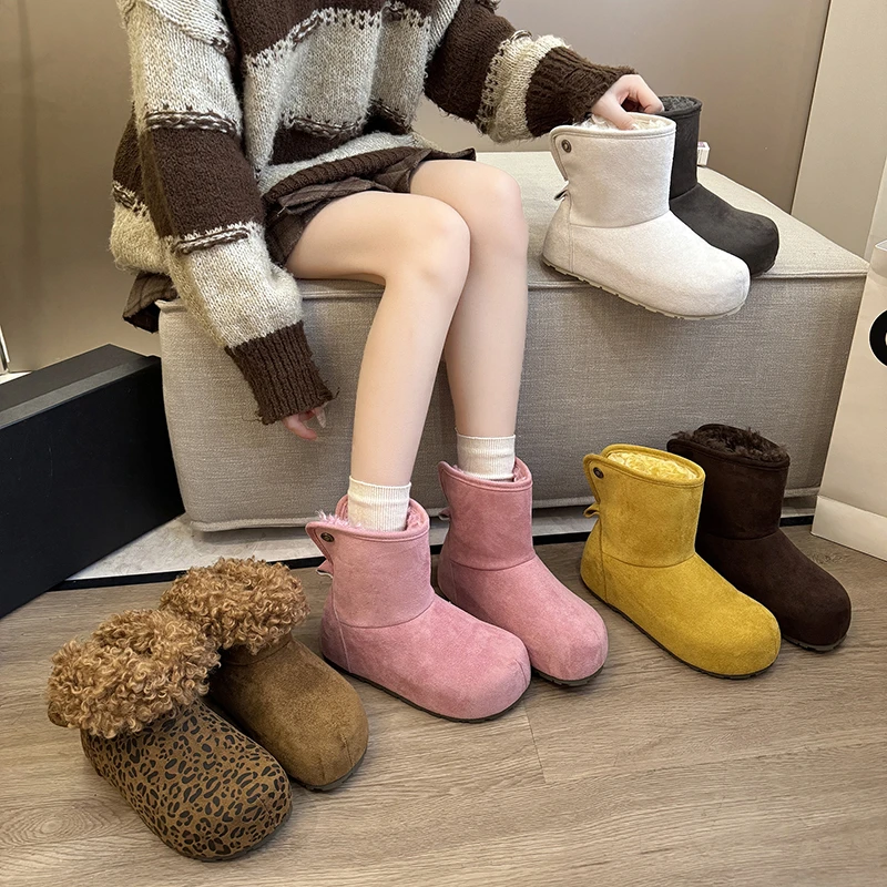 2025新款糖果色磨砂软皮休闲马丁靴女加绒保暖丑萌大头雪地棉靴女