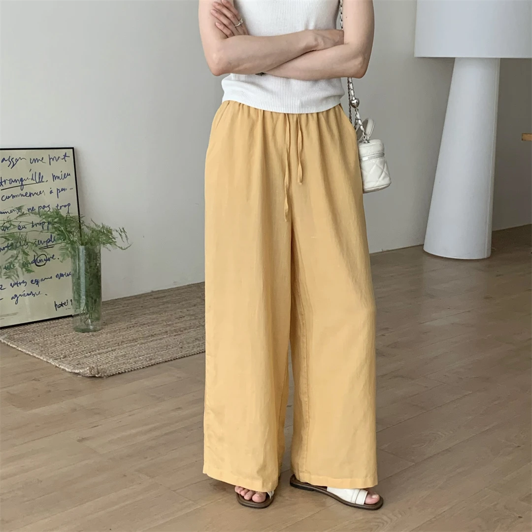 现货~2025夏季新款天丝亚麻百搭纯色简约直筒松紧腰休闲裤女