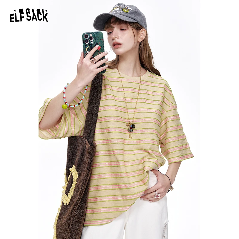 妖精的口袋开叉撞色条纹短袖t恤2025春宽松休闲显瘦上衣25105139