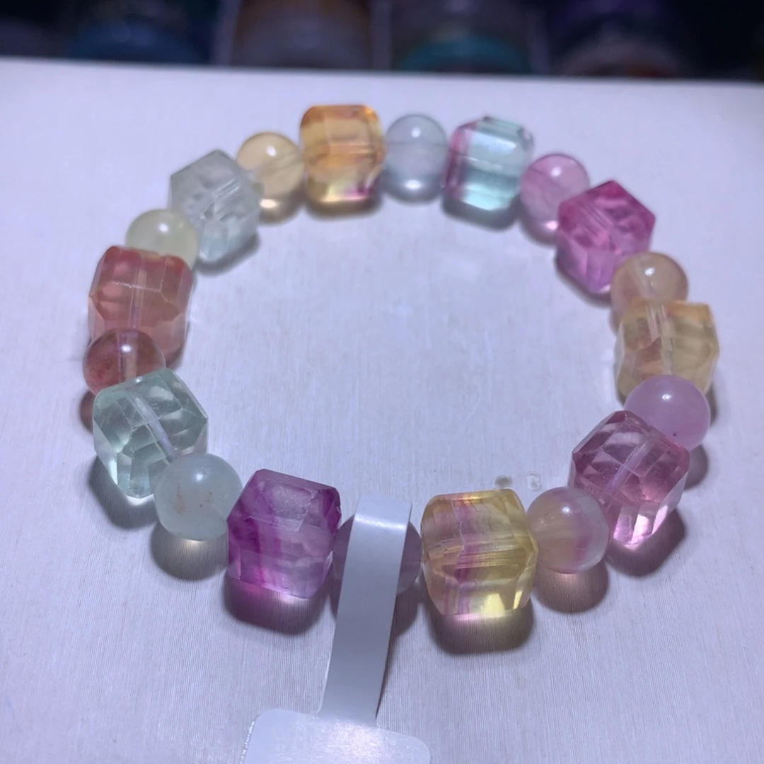 水晶手串银S925镶嵌萤石方糖10.2m