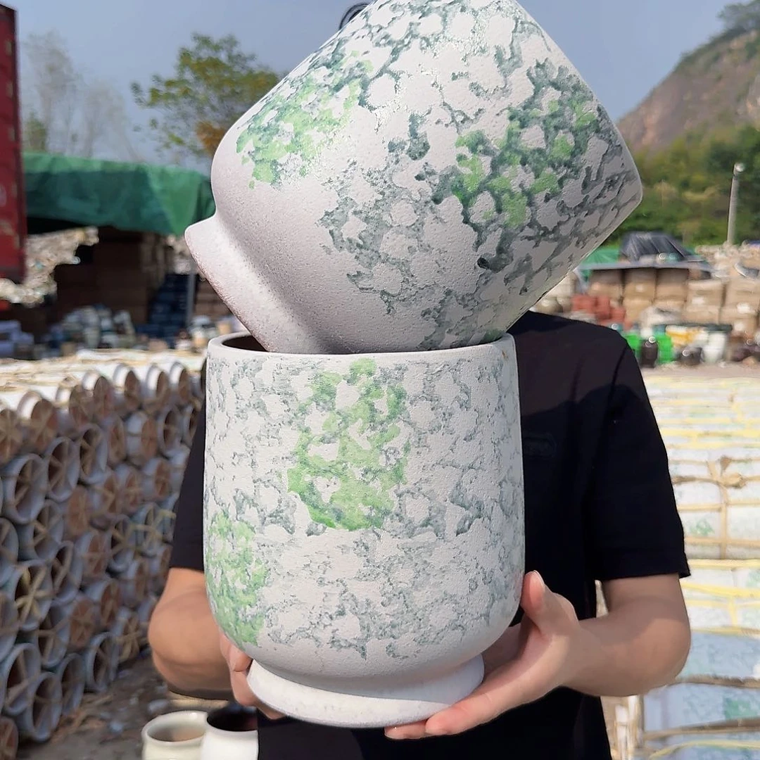 紫砂花盆口19.5高22.5（两个蛋壳泼墨姹寂白色