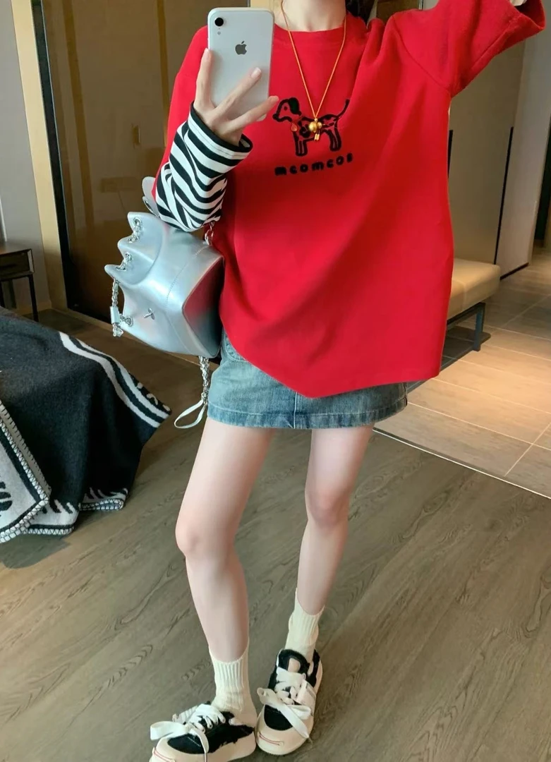 Manmi   小狗毛巾绣条纹假两件拼接磨毛T   3810（C3）