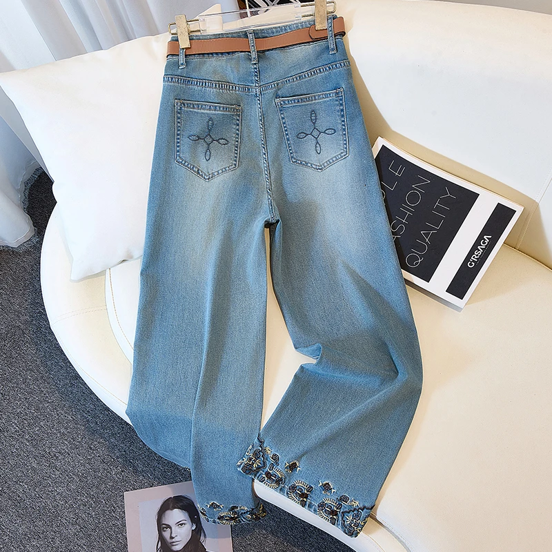 微弹天丝薄款夏季刺绣牛仔裤女九分直筒裤子女高腰阔腿裤爆款3313