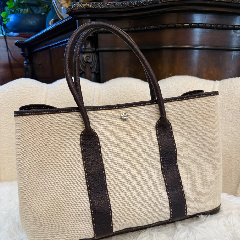 95新 Hermes/爱马仕 棕白中古花园包 T刻