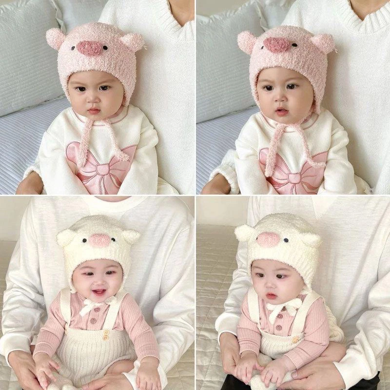 宝宝帽子婴儿可爱超萌猪猪包头帽新生幼儿秋冬保暖防风毛绒护耳帽