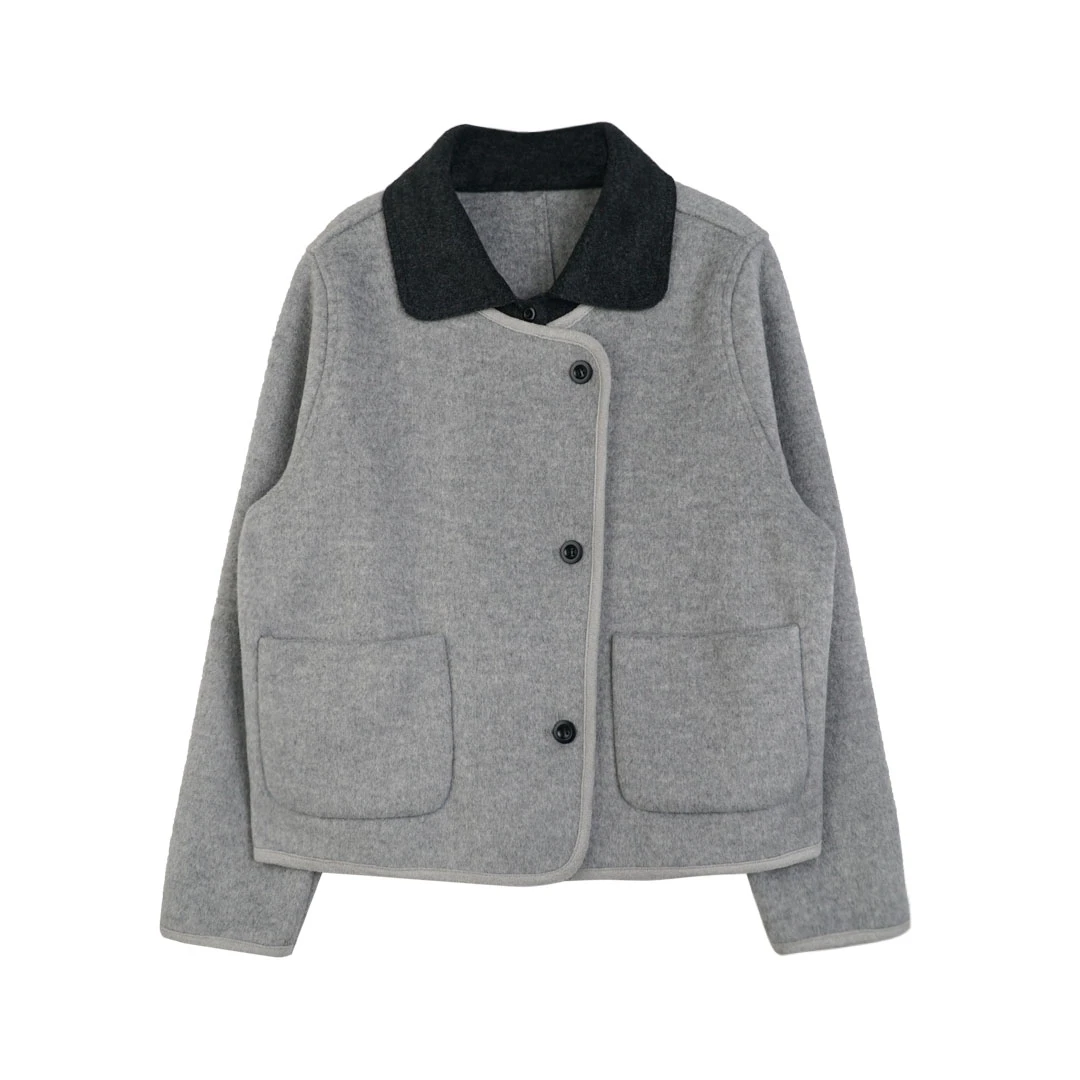 YO定制韩系气质撞色翻领毛呢外套秋冬简约百搭宽松短款呢子大衣