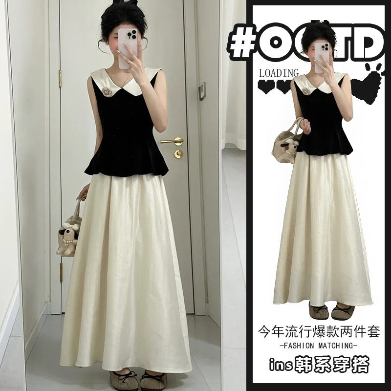夏季设计感别致撞色拼接上衣高腰显瘦半身裙港味别致百搭两件套潮