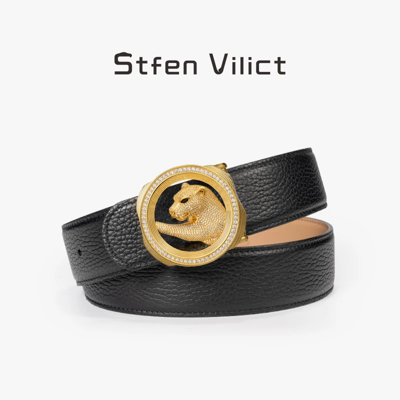 威廉史蒂芬皮带牛皮腰带百搭双面佩戴真皮腰带豹子头满钻裤腰带