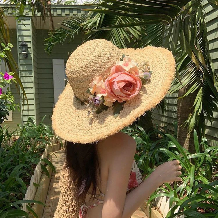 帽子女夏季新款法式拉菲草大帽檐遮阳帽春夏防晒帽海边度假太阳帽