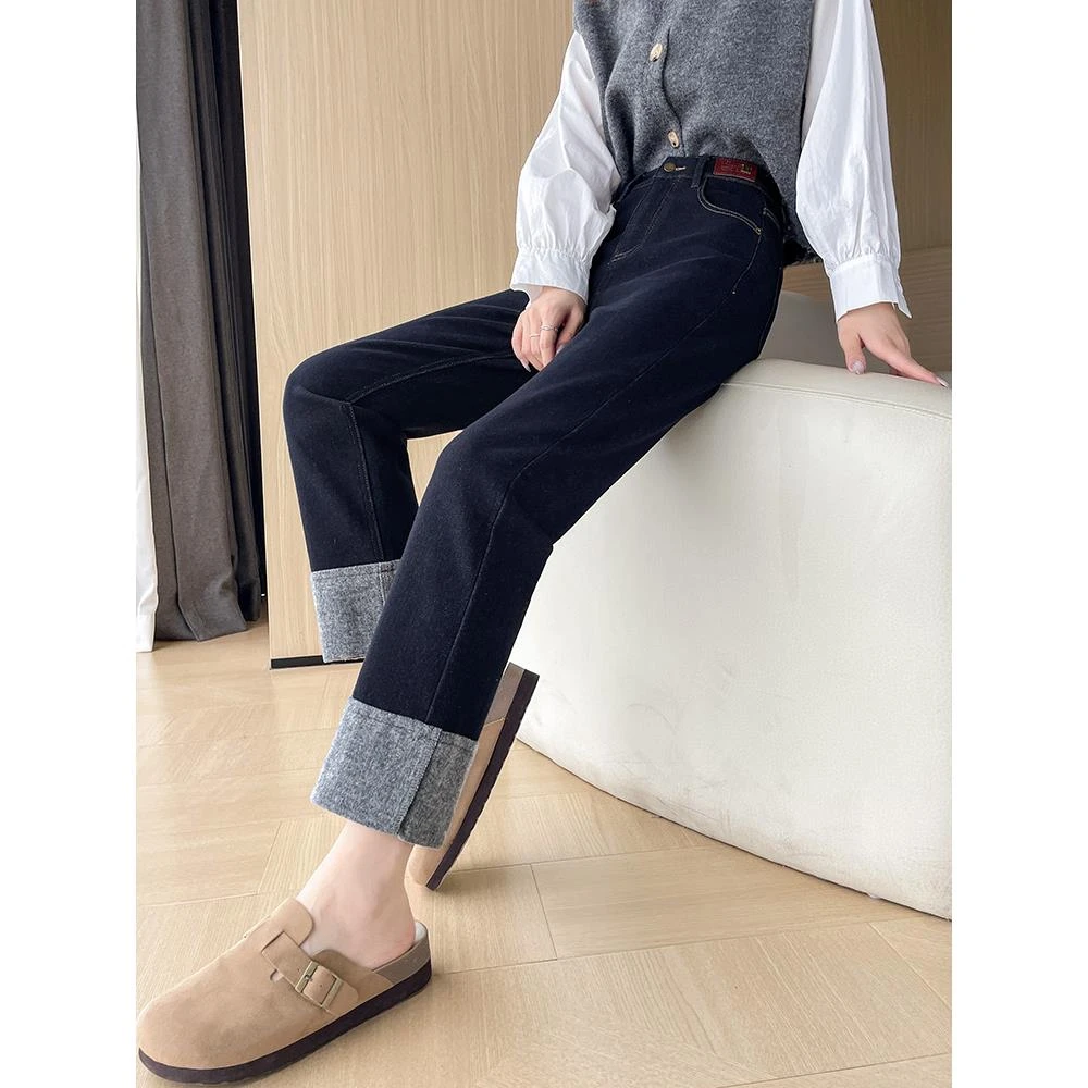 蓝色加绒直筒牛仔裤女秋冬款高腰修身弹力显瘦九分翻边拼接烟管裤