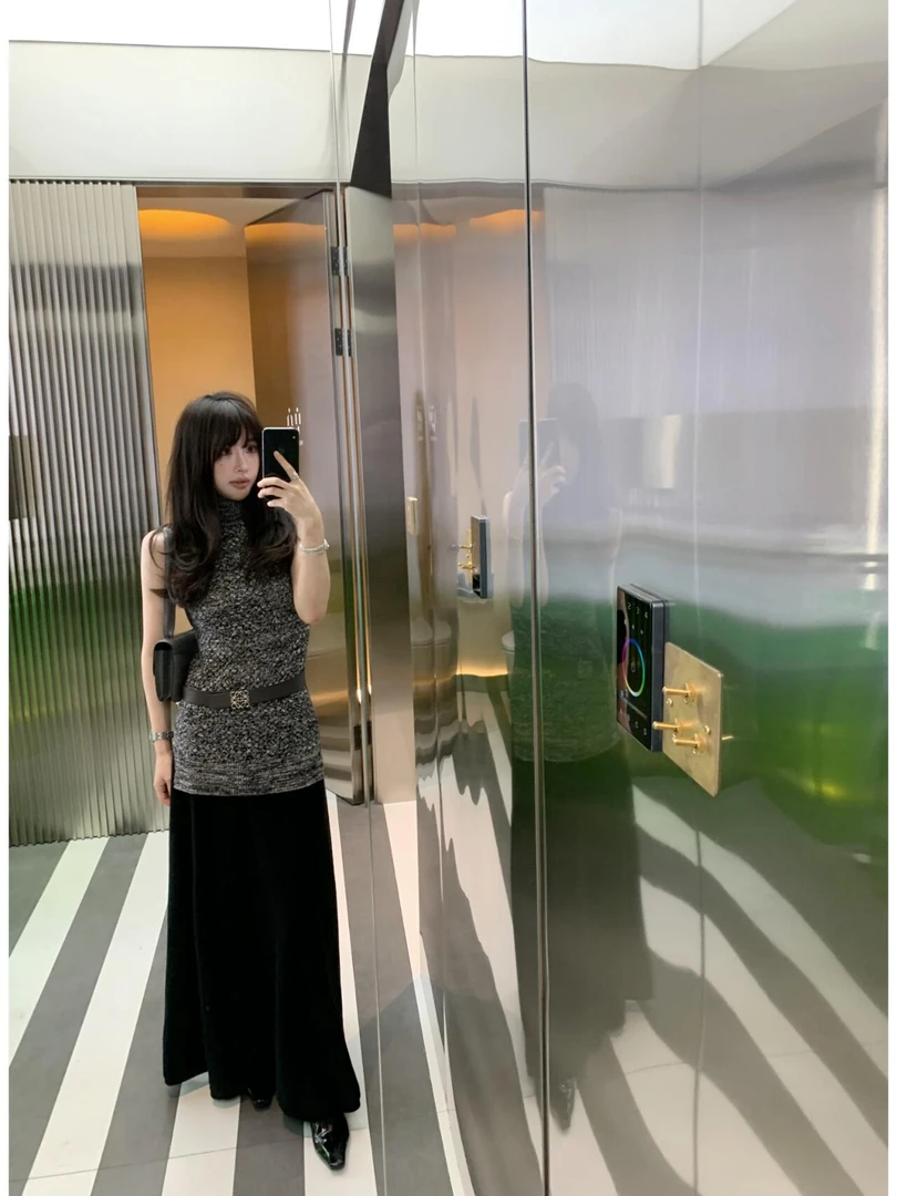 2025春季法式气质小香风百搭修身无袖背心上衣显瘦黑色半身裙长裙