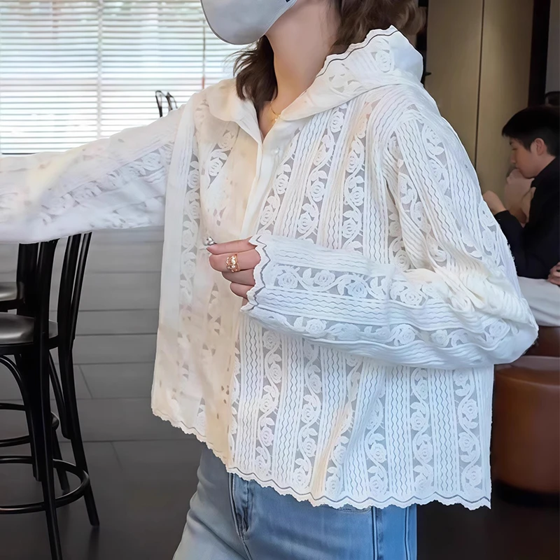 2025春夏洋气休闲装百搭镂空蕾丝连帽针织打底衫显瘦气质打底衫女