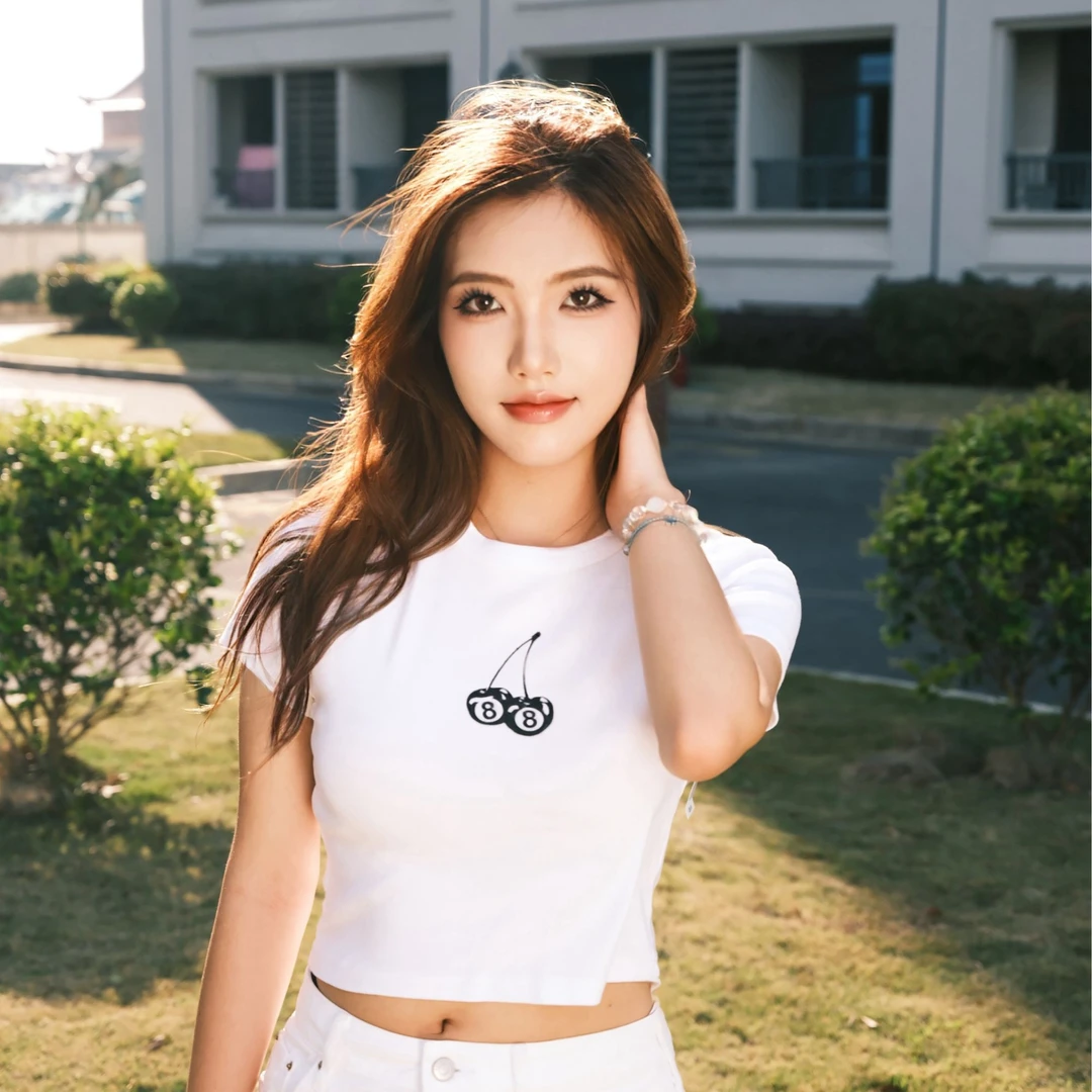 PACSUN2025新款短款T恤圆领短袖纯色女士露脐白色女款百搭运动t恤