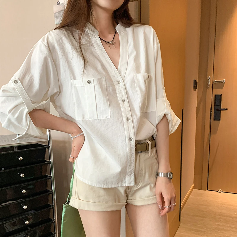 春夏季白色仿棉麻衬衫白色衬衫女夏季仿麻清透休闲宽松防晒上衣