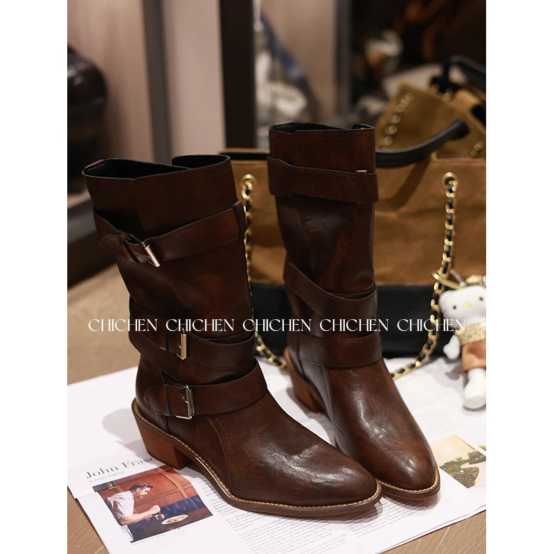 CHICHEN-粗跟皮带扣中筒靴