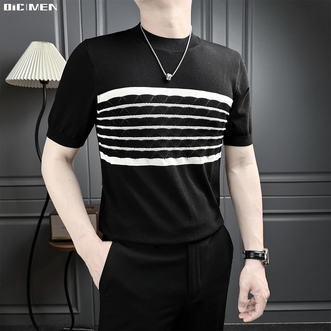 针织线条三角纹男士短袖T恤夏季薄款英伦痞帅修身上衣男装高级感