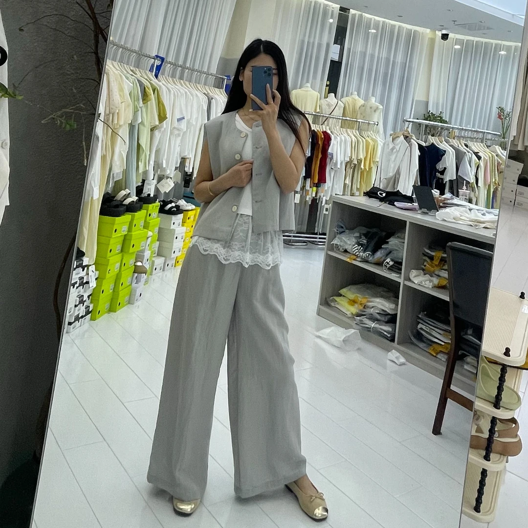 灰色小香风马甲阔腿裤蕾丝吊带三件套女2025春季韩系复古气质穿搭