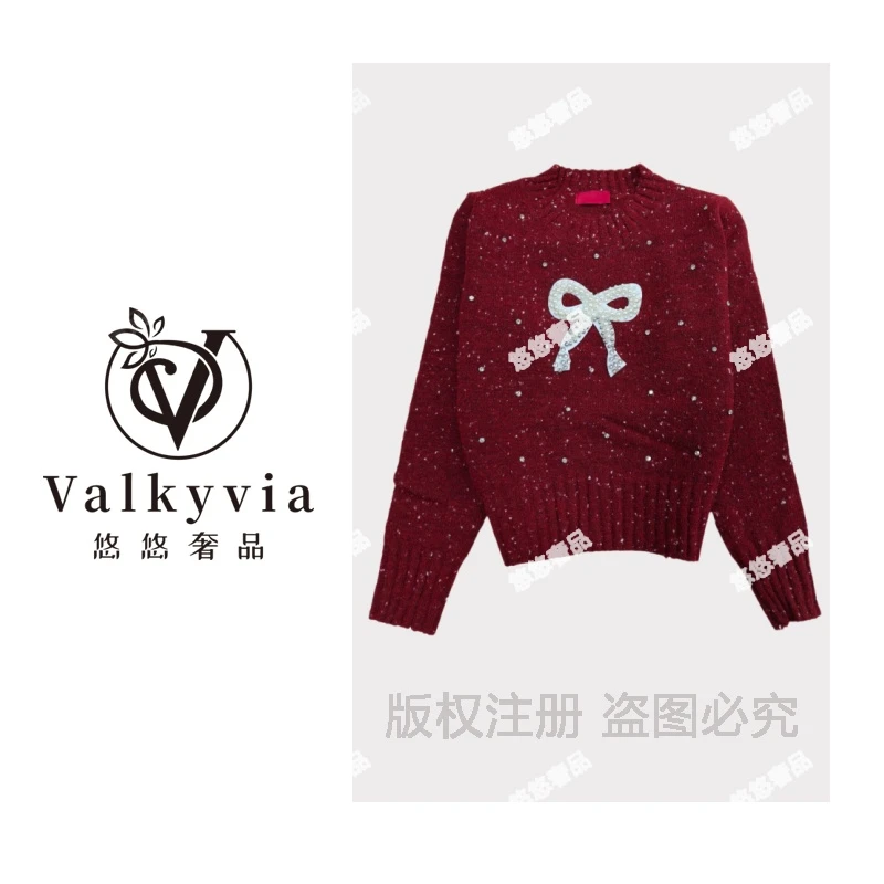 【Valkyvia/悠悠奢品】珍珠镶钻蝴蝶结针织毛衣QC500