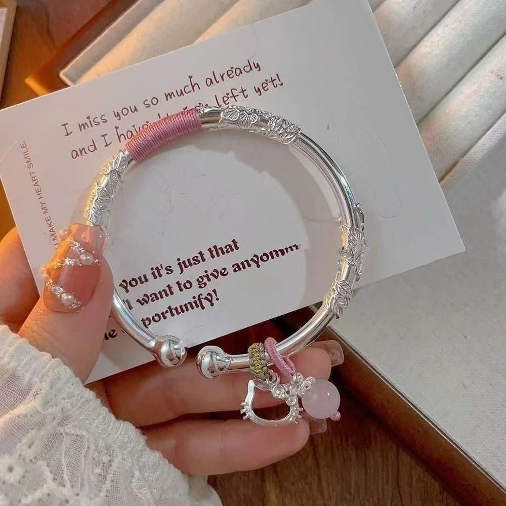 足银手镯 繁花似锦对珠HelloKitty开口手镯