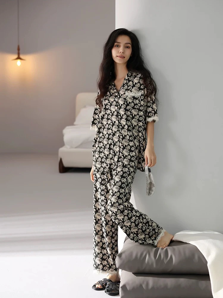 83157短袖长裤蕾丝高级感凉感莫代尔家居服套装