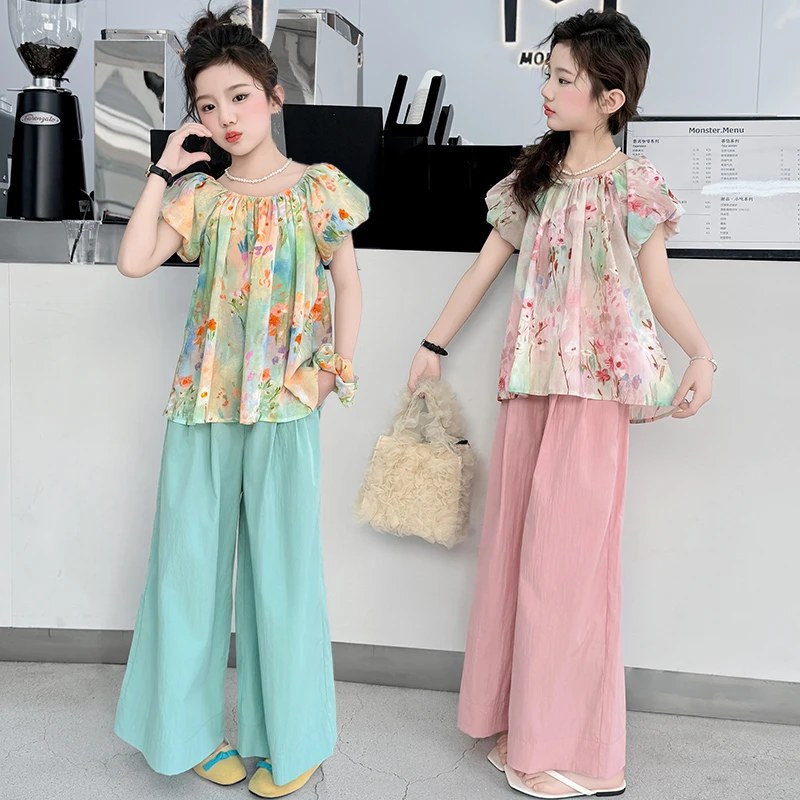 6-12岁儿童套装女童夏装2025新款爆款大童碎花泡泡袖娃娃衫阔腿裤