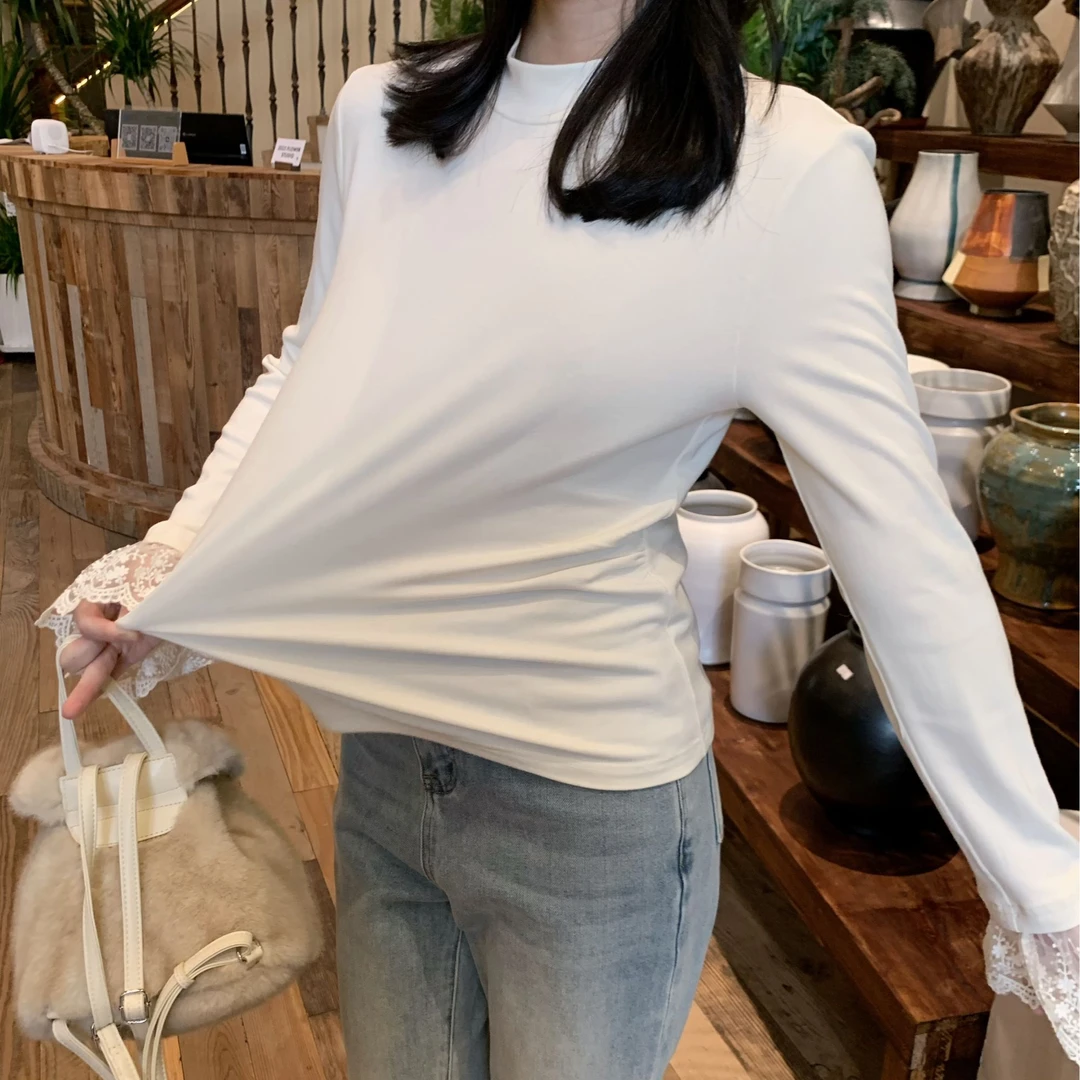 漫姐的店【泡芙T】花边袖气质显瘦内搭针织打底衫女秋冬修身上衣