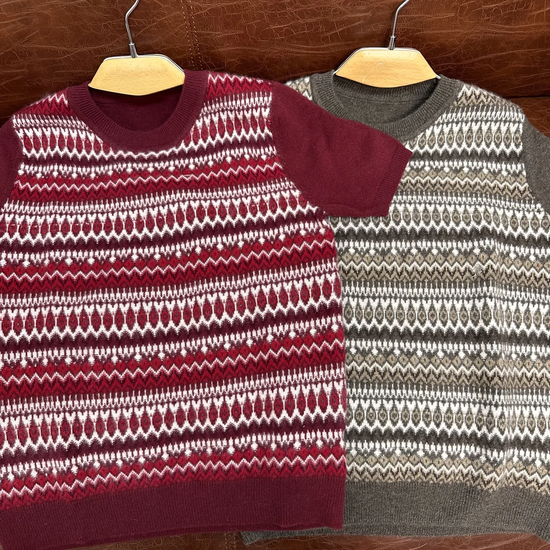 100羊绒LP风重工费尔岛短袖，女贴身打底