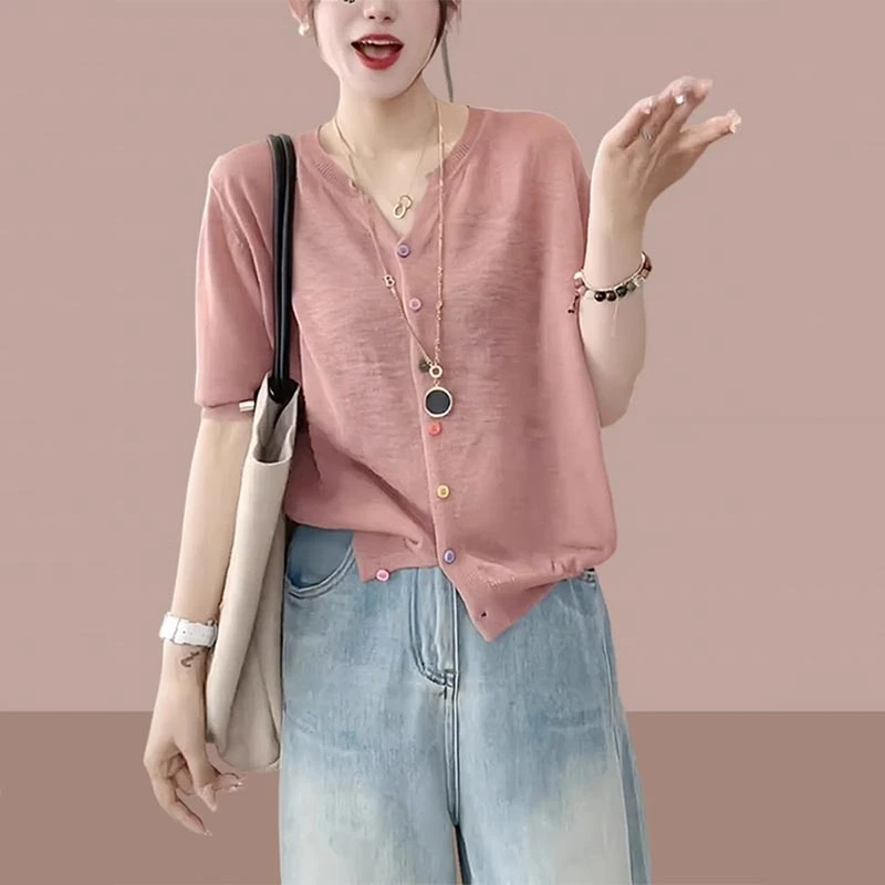 香朵儿洋气设计感减龄针织衫2025夏季新款v领薄款短袖上衣开衫潮