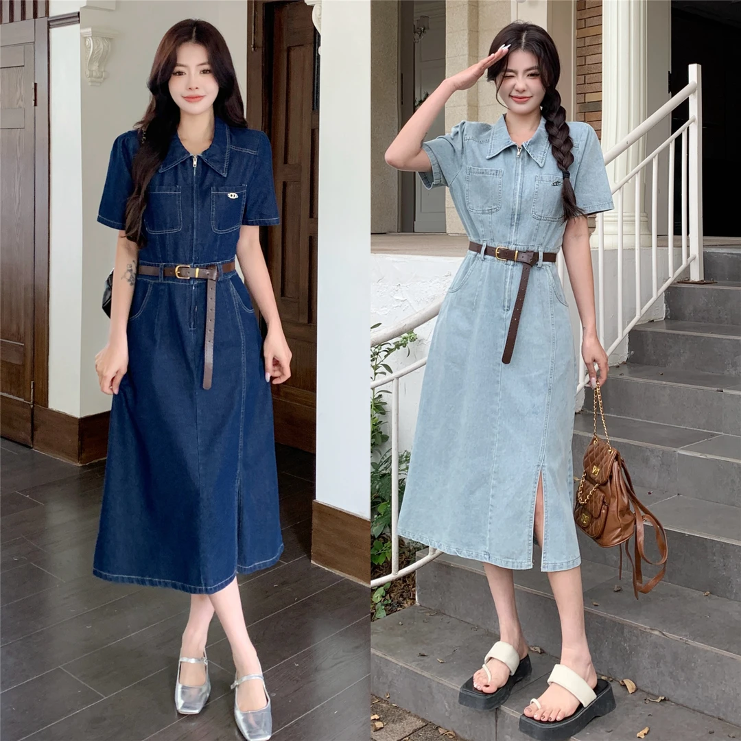 9202#短袖牛仔连衣裙2025夏季新款遮肉显瘦胖mm开叉中长裙子