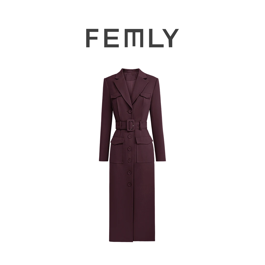 FEMLY/法曼丽  洋气优雅设计师款单排扣羊毛醋酸连衣裙3586