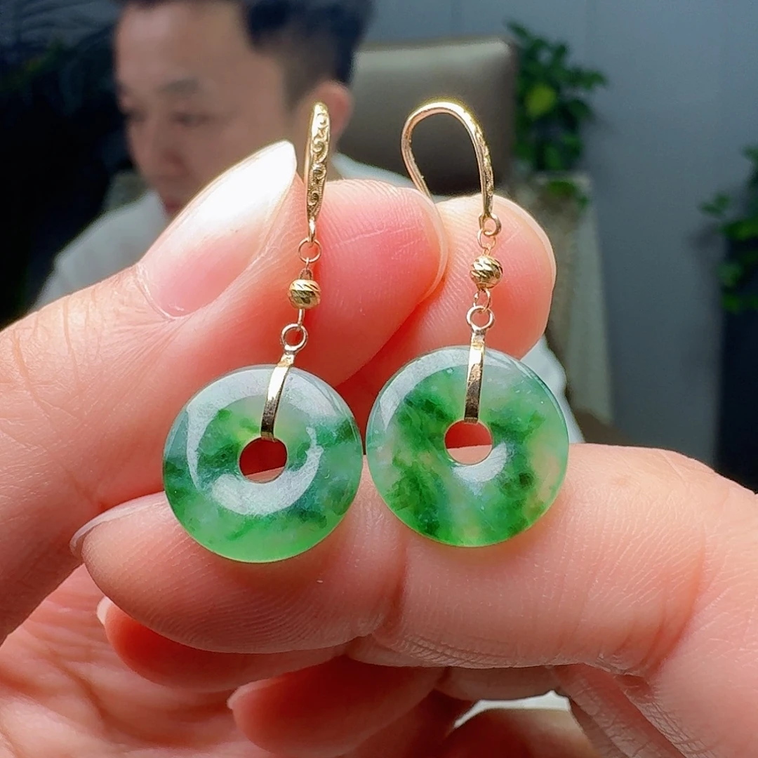 翡翠18K金镶嵌耳饰天然