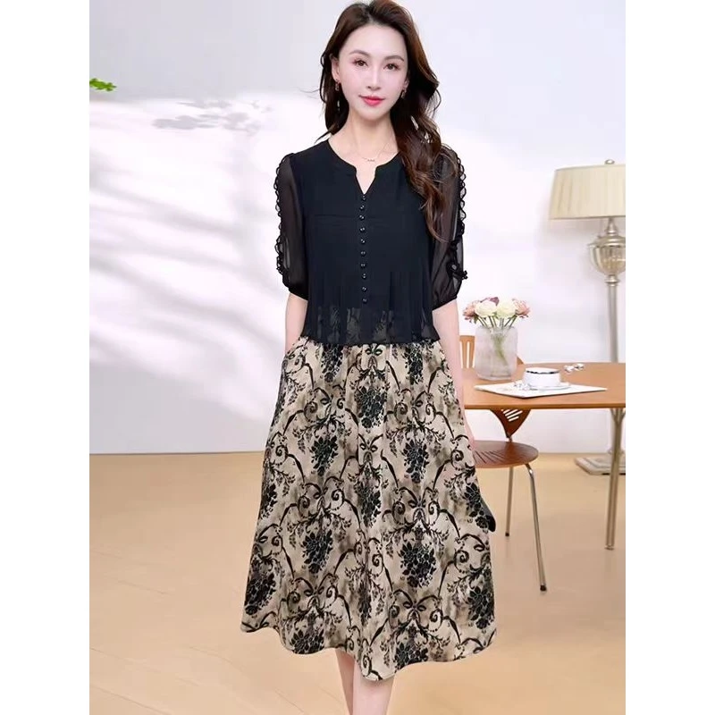 V0936时尚气质优雅设计感假两件连衣裙夏季时尚中长裙