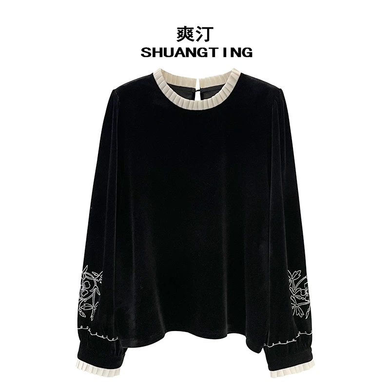 Jokara/丘可儿【初绵】国风灯笼袖丝绒织花衬衣复古减龄木耳边上衣