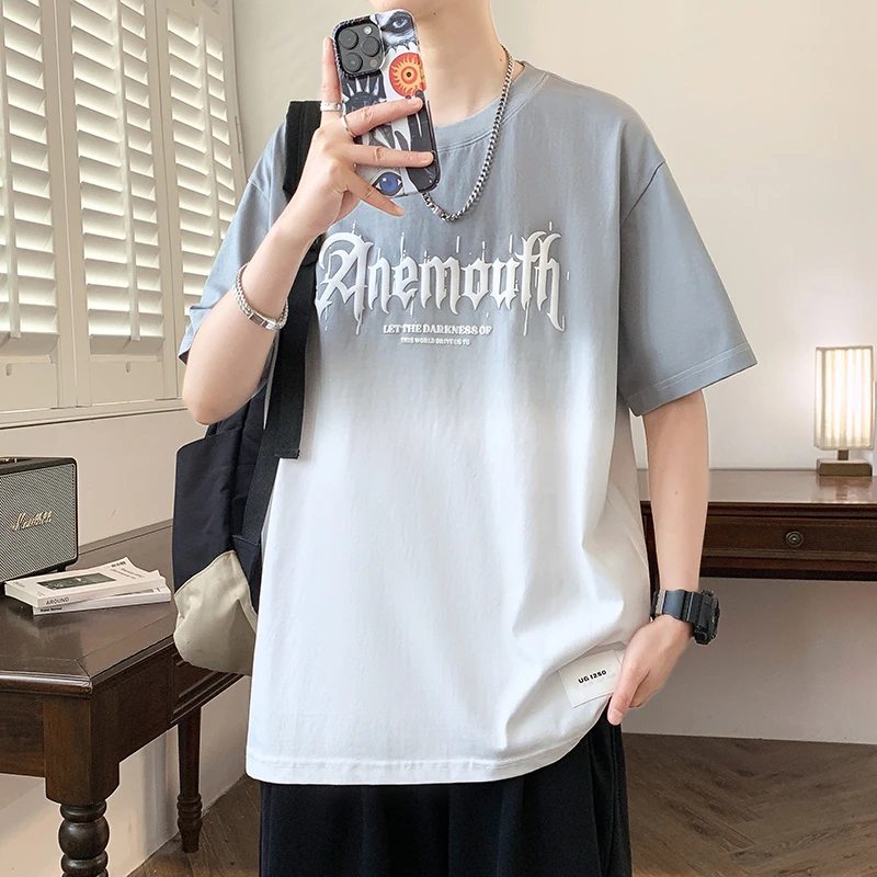 2025年新款夏季青少年阔版休闲短袖T恤百搭宽松港风印花韩版帅气