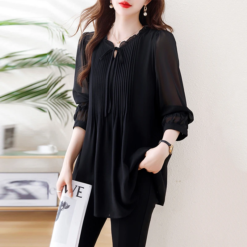 2025春秋新款大码女装宽松遮肚显瘦胖MM设计感减龄长袖雪纺衫上衣