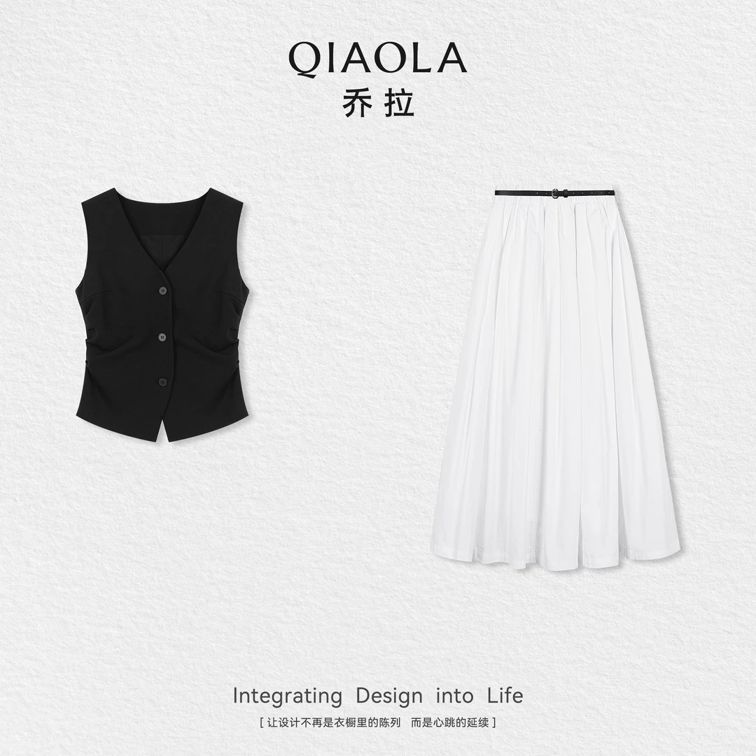 QIAOLA/乔拉【时代女郎】秋季新款V领无袖马甲上衣时尚套装预售