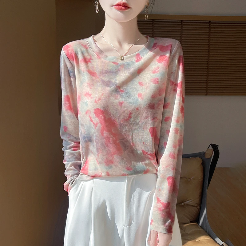 精纺百搭打底衫速干扎染设计感印花春夏圆领薄款长袖T恤防晒罩衫