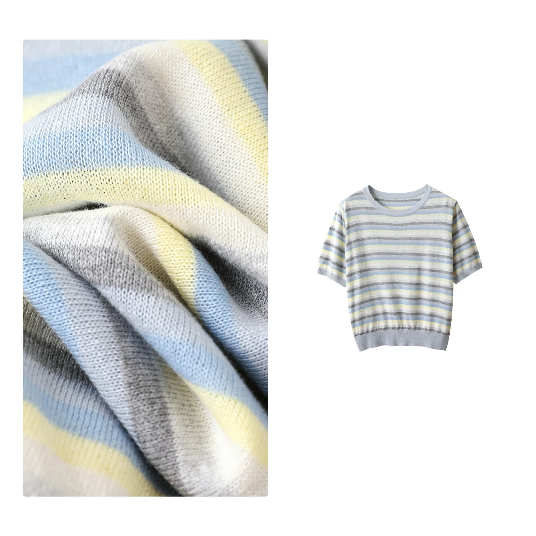 惊喜！门店32&9！彩虹岛T恤」莱赛尔天丝亚麻条纹短袖针织上衣Y00029