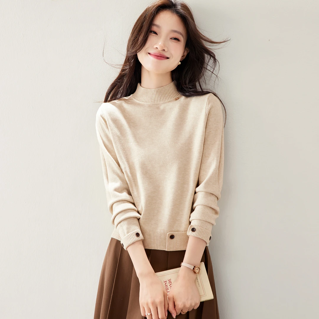 正品哥弟新款冬季长袖针织衫女气质简约格调感半高领精仿羊毛上衣