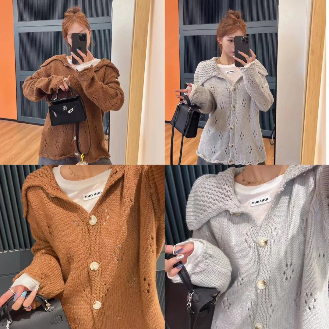 xxxwxz王希之 两色娃娃领镂空针织单排扣开衫设计感毛衣#12866